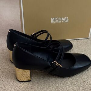 Michael Kors Black Leather Pumps with Gold Block Heel and Double Straps